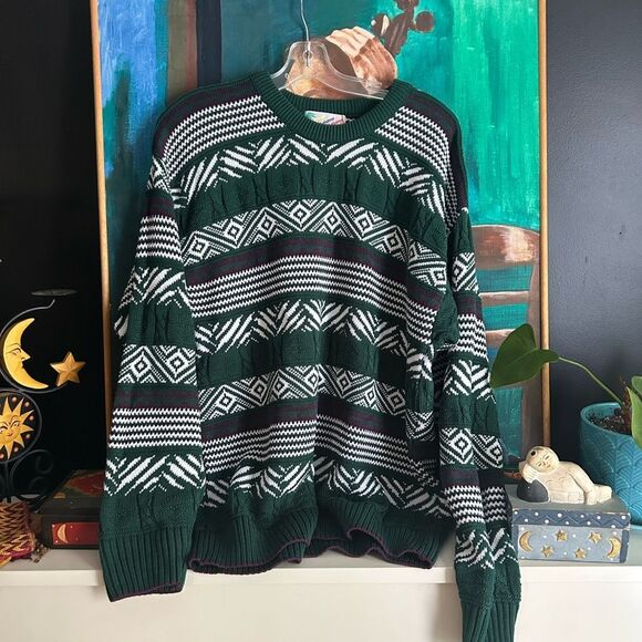 Vintage Men's Geometric Pattern Crewneck Sweater - Green and White - L - Picture 14 of 16